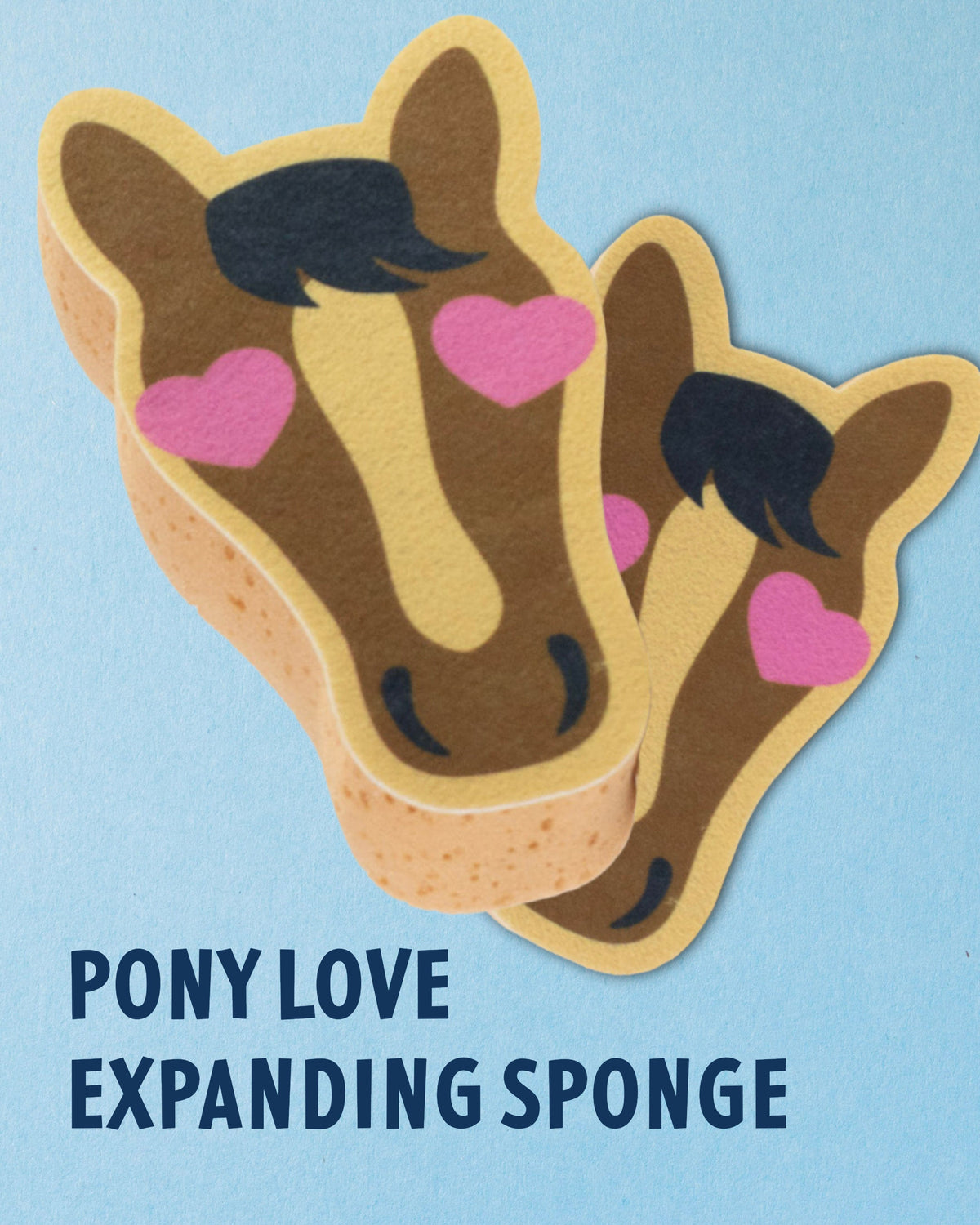 Pony Love expanding horse bath sponge shown printed side up and edge on, by Dreamers & Schemers