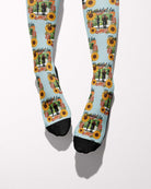 Thankful For custom photo equestrian boot socks, worn, showing the full-length pattern, by Dreamers & Schemers