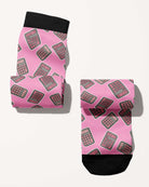 Boobies Limited Edition boot socks, calculator print on pink, rolled, showing the pattern repeat, by Dreamers & Schemers