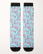 Check Your Boobies Limited Edition boot socks, blue-footed boobies and pink lettering on sky blue, flat lay of the pair, by Dreamers & Schemers
