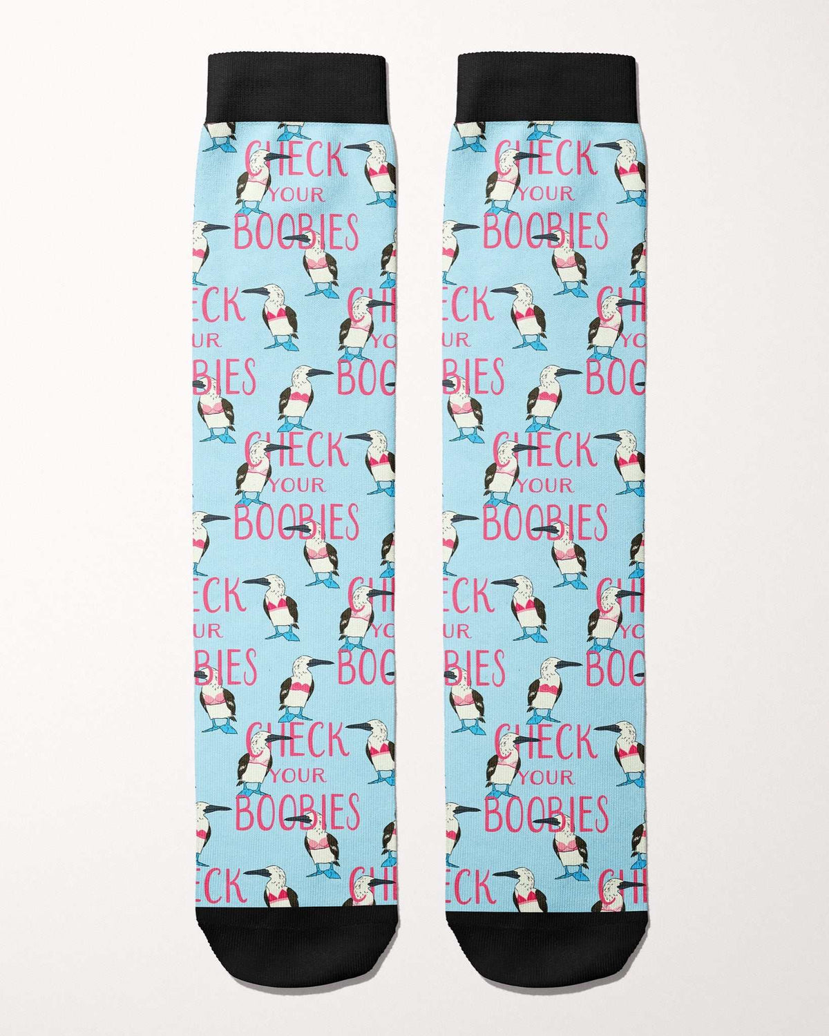 Check Your Boobies Limited Edition boot socks, blue-footed boobies and pink lettering on sky blue, flat lay of the pair, by Dreamers & Schemers