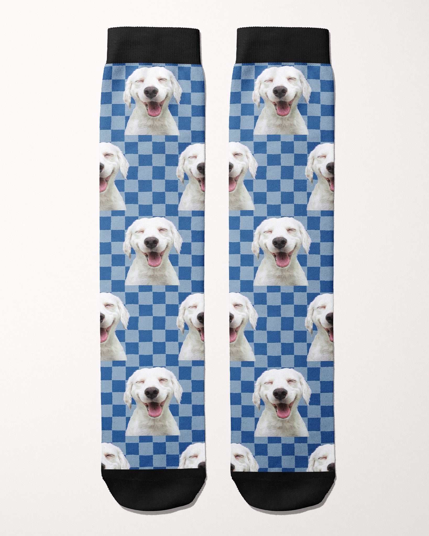 Checkered custom photo equestrian boot socks, flat lay of the pair, by Dreamers & Schemers