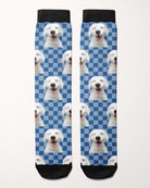 Checkered custom photo equestrian boot socks, flat lay of the pair, by Dreamers & Schemers