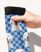 Checkered custom photo equestrian boot socks, held in hand, close-up of the blue checkerboard pattern, by Dreamers & Schemers