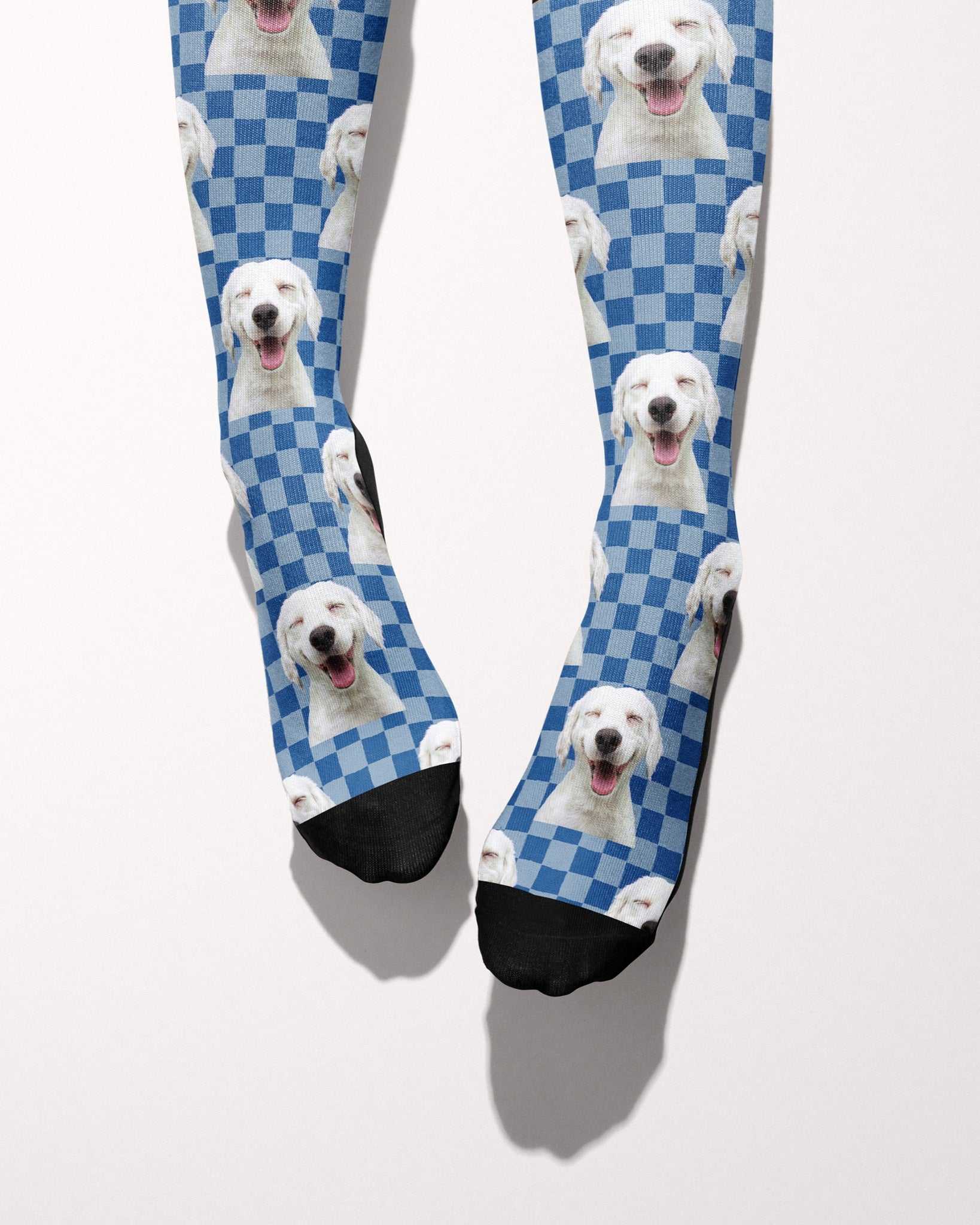 Checkered custom photo equestrian boot socks, worn, showing the full-length pattern, by Dreamers & Schemers