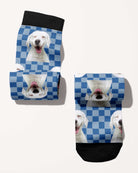 Checkered custom photo equestrian boot socks, rolled, showing the pattern repeat, by Dreamers & Schemers