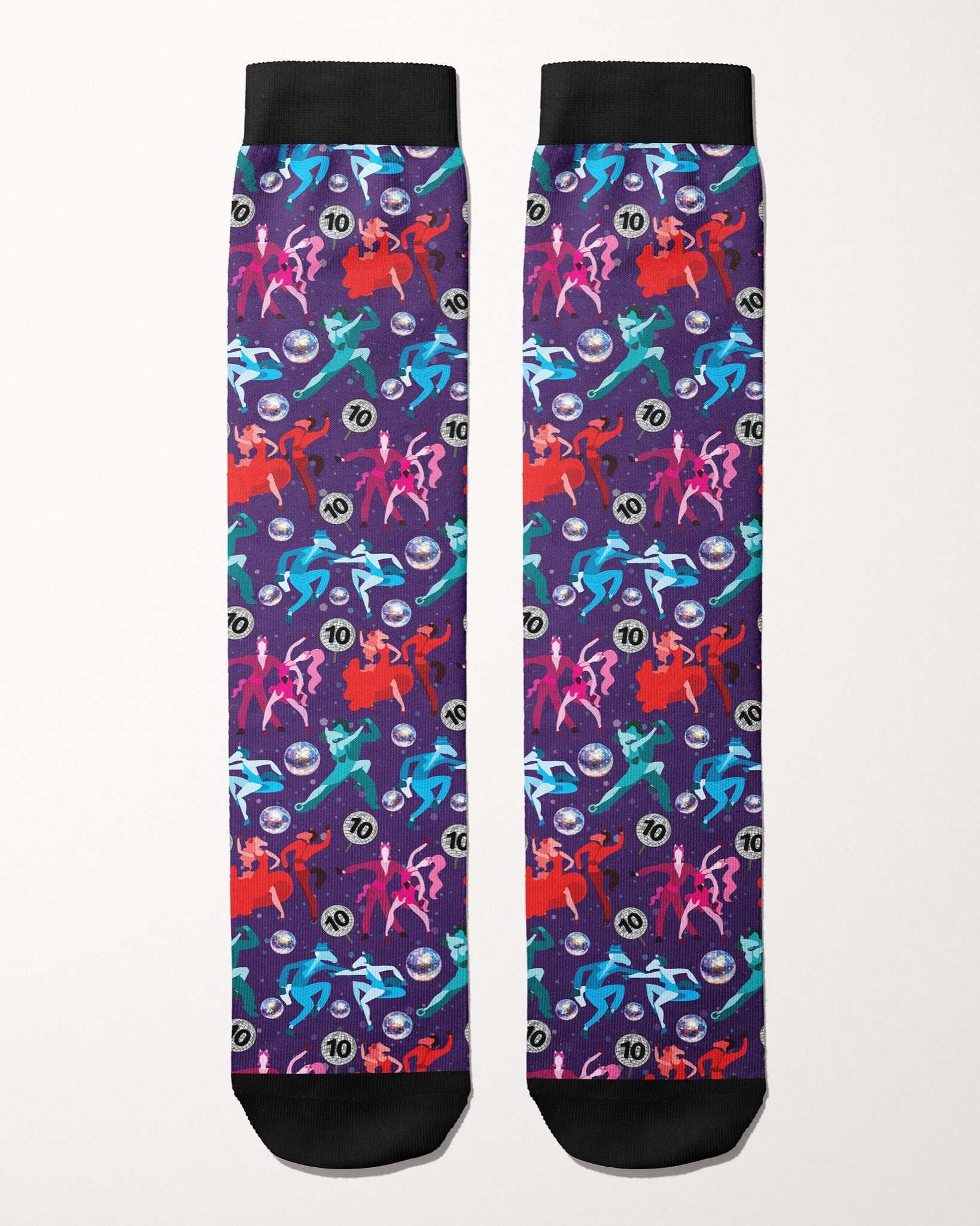 Prancing with the Stars Limited Edition boot socks, dancing couples and disco balls on deep purple, flat lay of the pair, by Dreamers & Schemers
