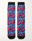 Prancing with the Stars Limited Edition boot socks, dancing couples and disco balls on deep purple, flat lay of the pair, by Dreamers & Schemers