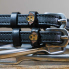 Dog Labrador Spur Straps black leather with stainless steel buckle and Labrador charm close-up