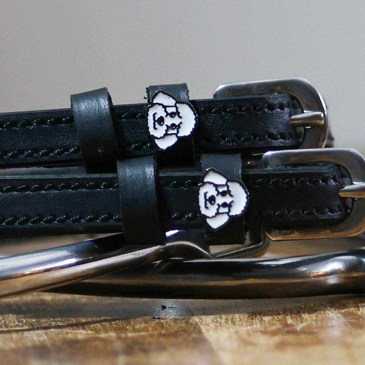 Black leather Dog - Poodle Spur Straps with stainless steel buckles and custom poodle charms
