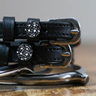 Black leather Disco Ball Spur Straps with stainless steel buckle and custom charm