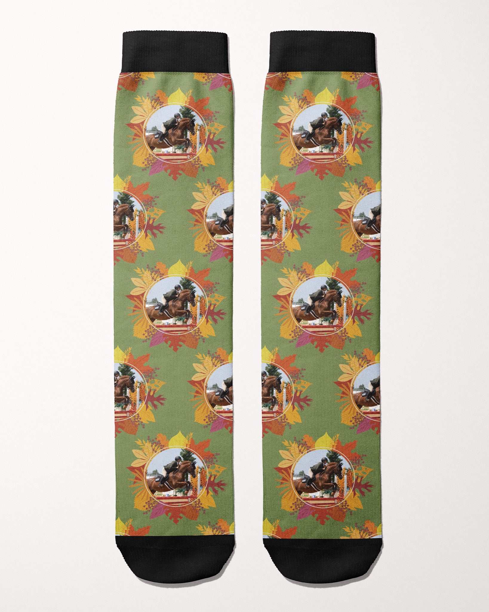 Autumn Leaves custom photo equestrian boot socks, flat lay of the pair, by Dreamers & Schemers