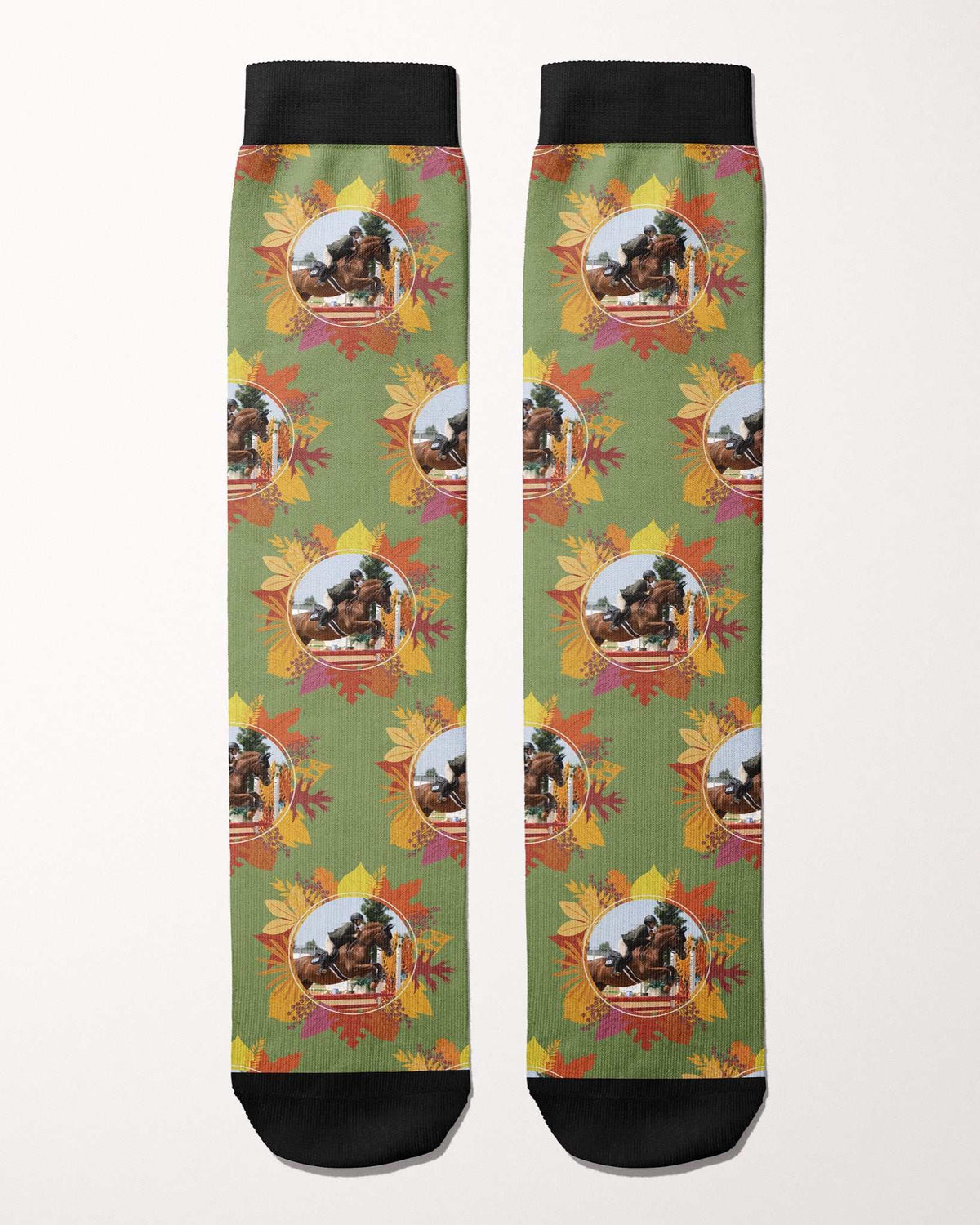 Autumn Leaves custom photo equestrian boot socks, flat lay of the pair, by Dreamers & Schemers