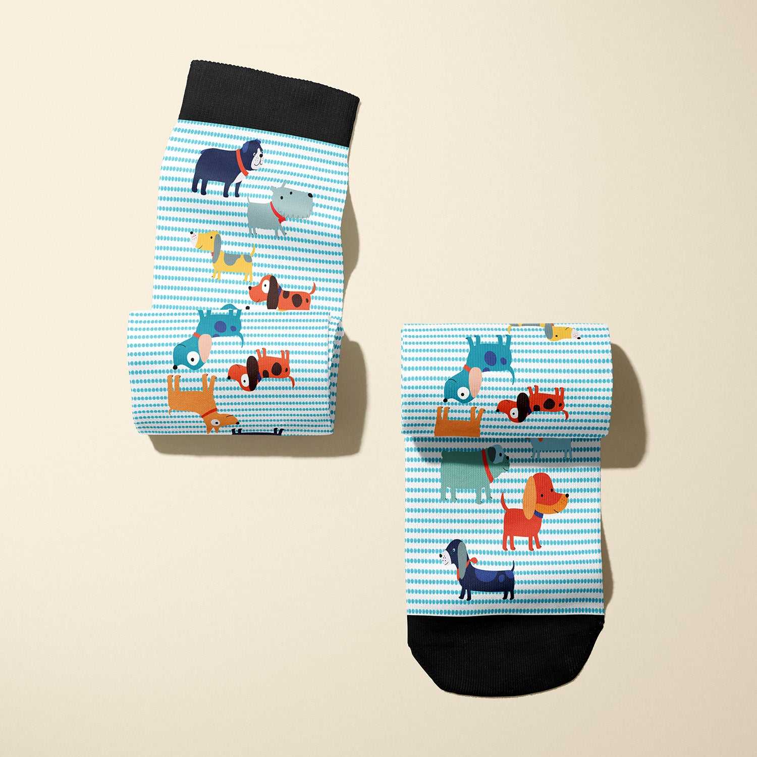 Limited edition 2016 Dog Park boot socks with playful dog design and black cuff