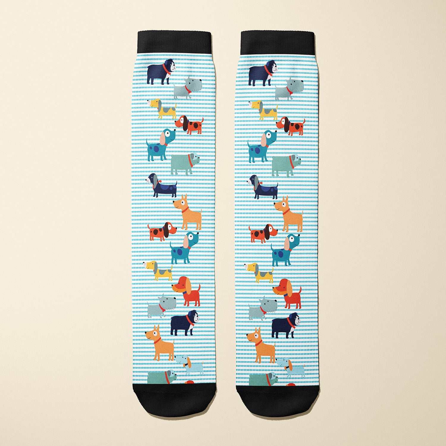 Limited edition 2016 Dog Park boot socks with playful dog design and black cuffs