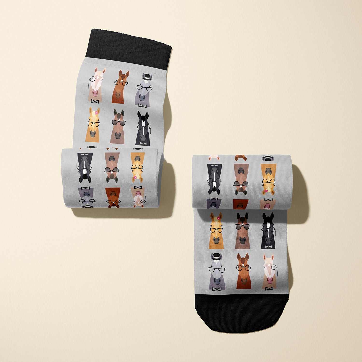 Limited edition SMRT Horse 2017 boot socks featuring glasses-wearing horse design, made in the USA