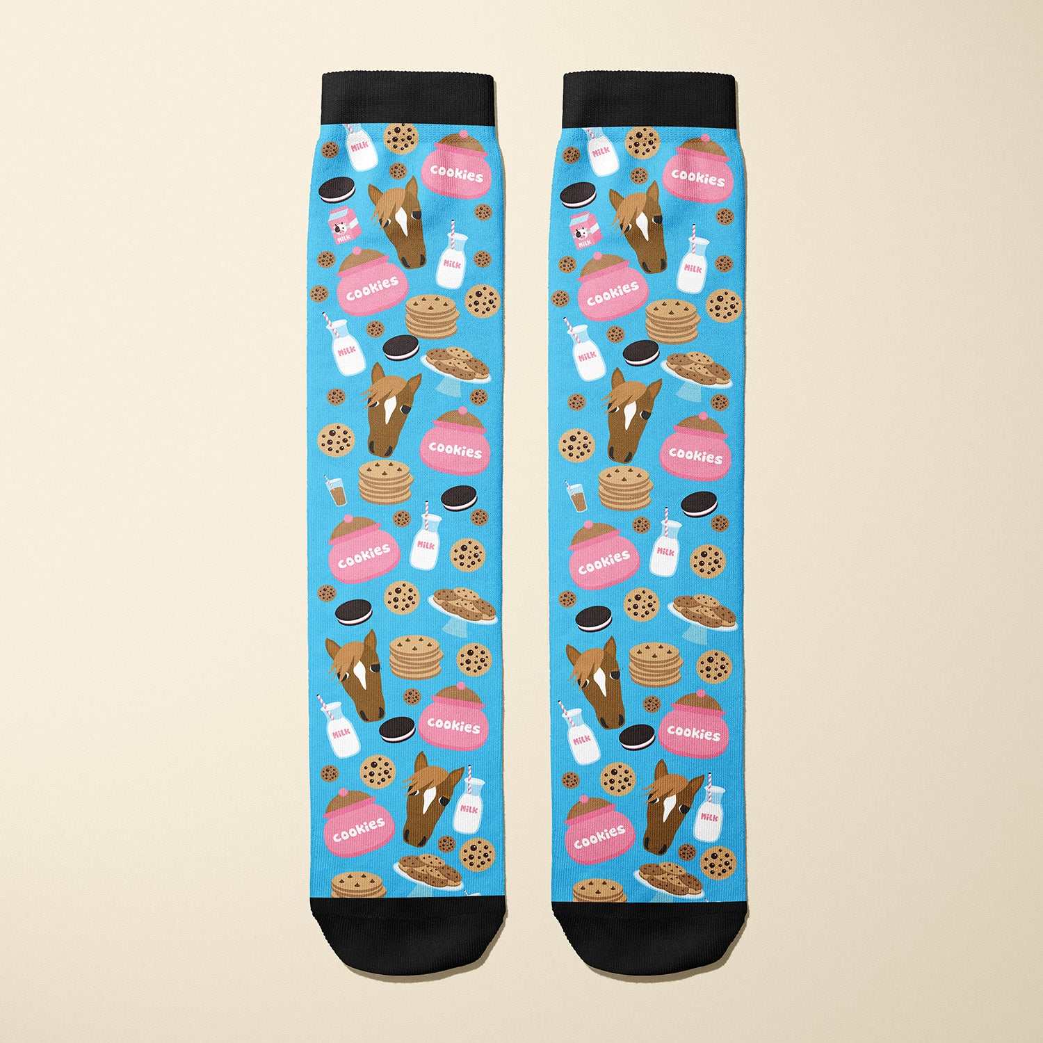 Limited edition milk and cookies patterned boot socks for equestrians, made in the USA