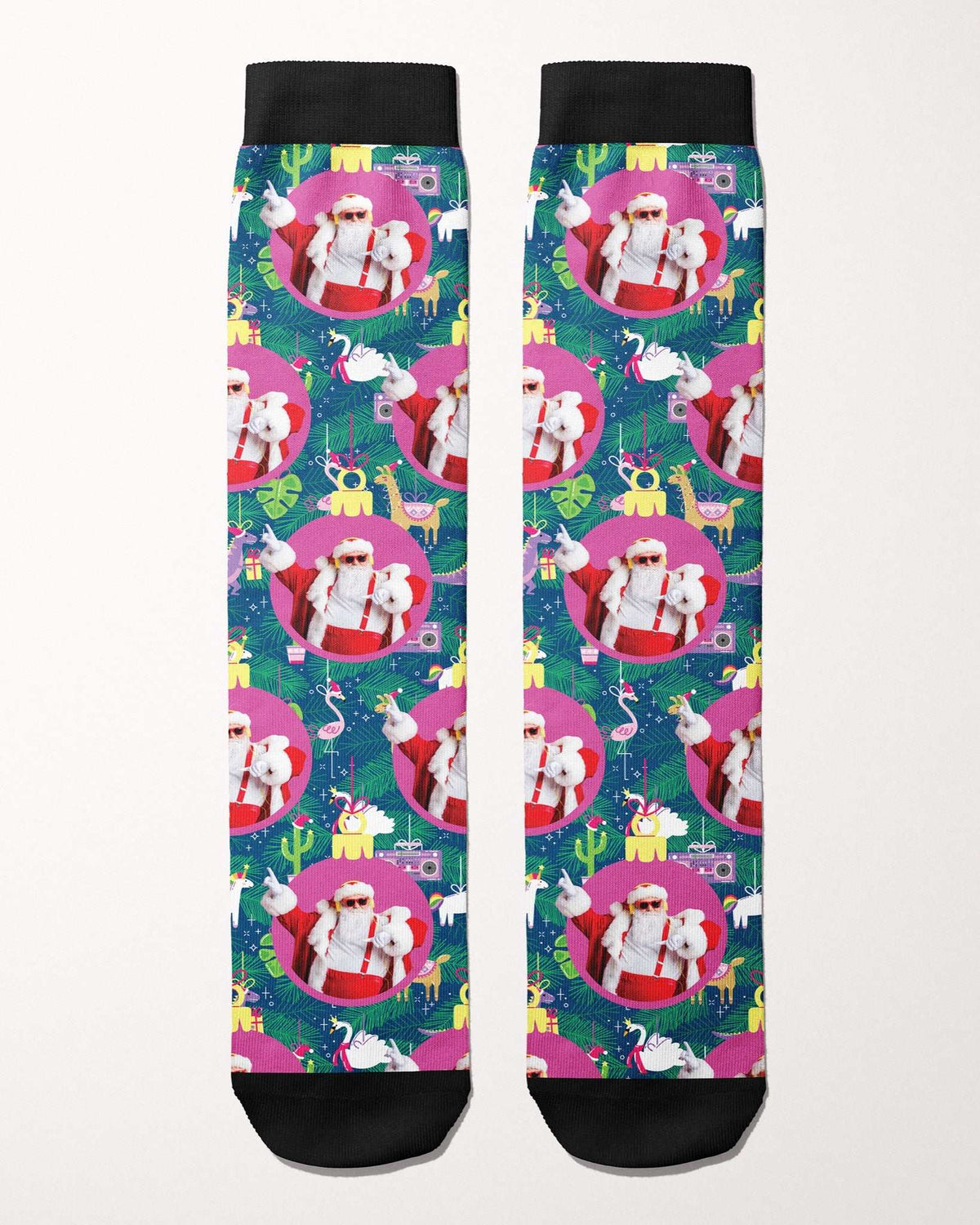 Bauble Bonanza custom photo equestrian boot socks, flat lay of the pair, by Dreamers & Schemers