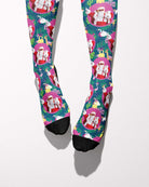 Bauble Bonanza custom photo equestrian boot socks, worn, showing the full-length pattern, by Dreamers & Schemers