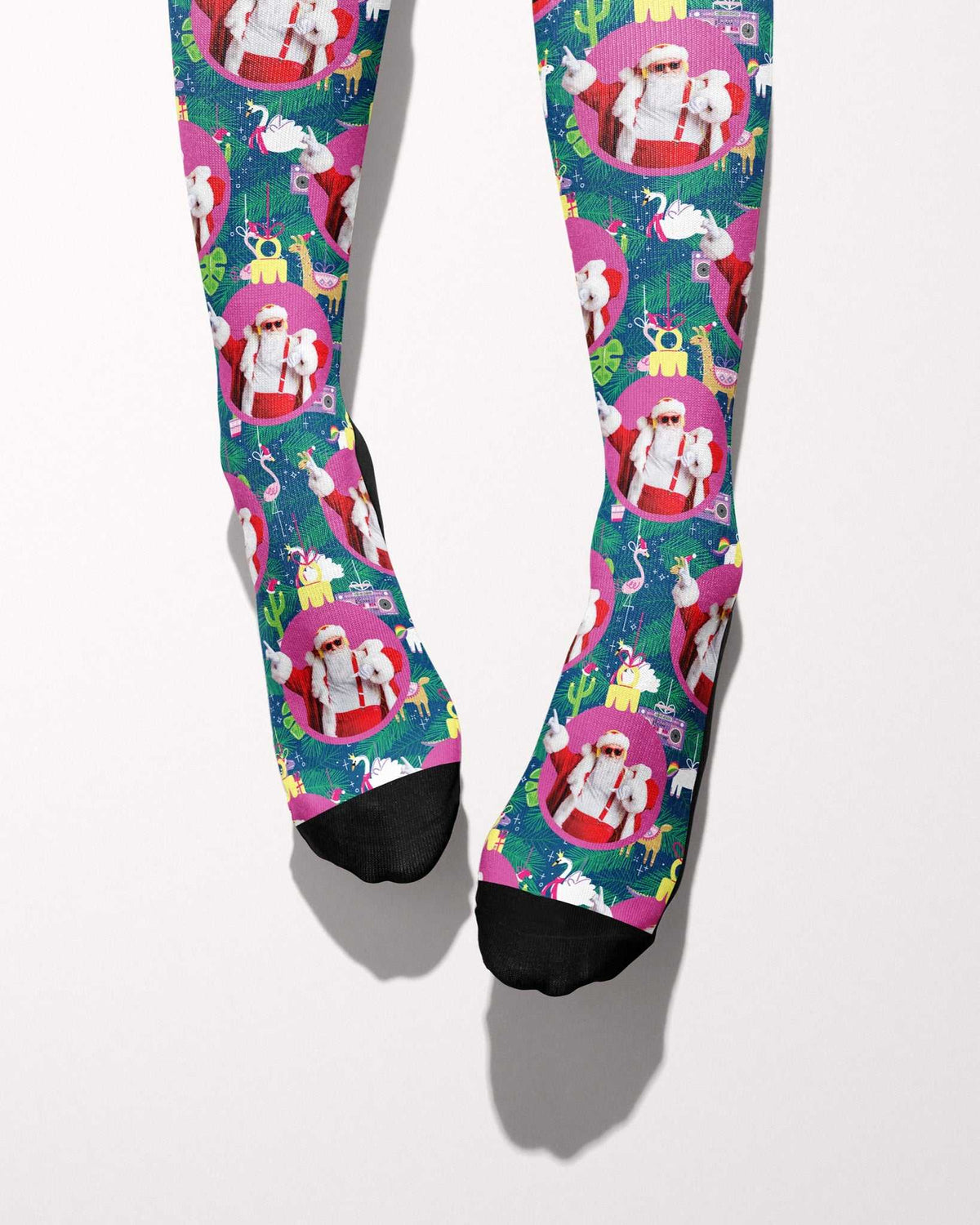 Bauble Bonanza custom photo equestrian boot socks, worn, showing the full-length pattern, by Dreamers & Schemers