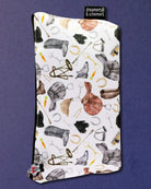 The Hunt pouch stood upright to show its full height, printed with helmets, gloves and horseshoes
