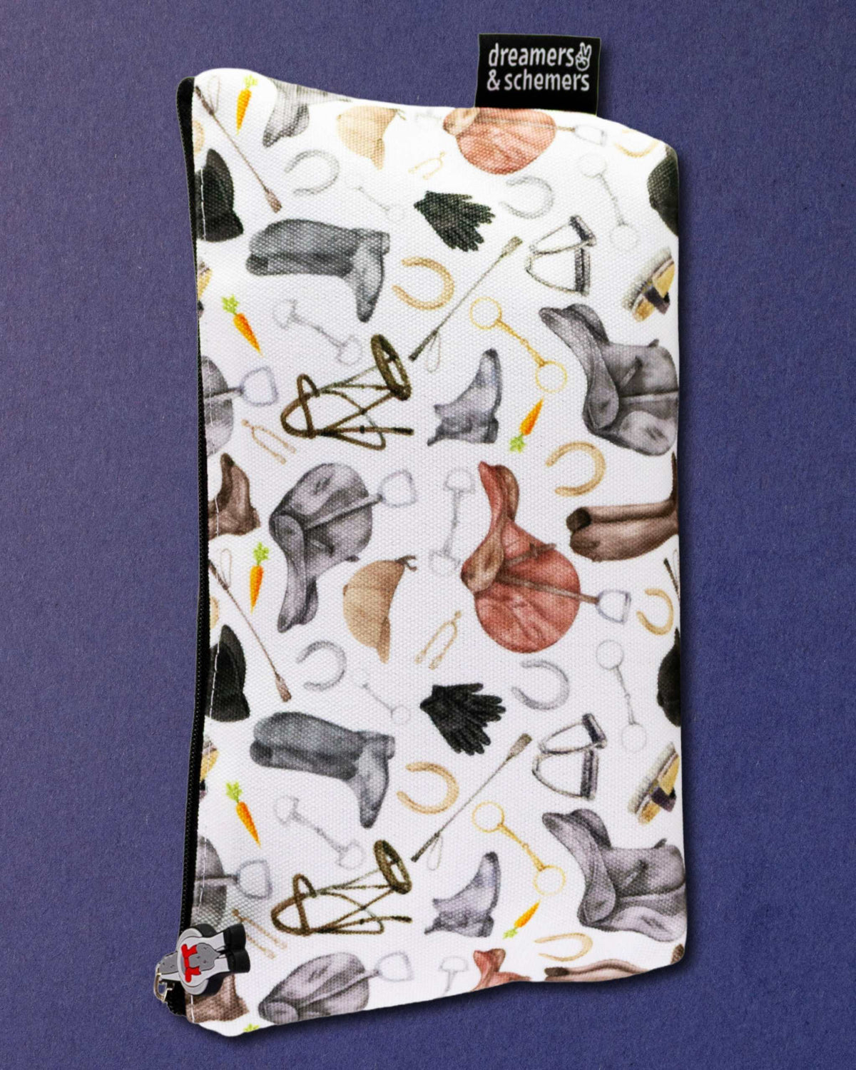 The Hunt pouch stood upright to show its full height, printed with helmets, gloves and horseshoes