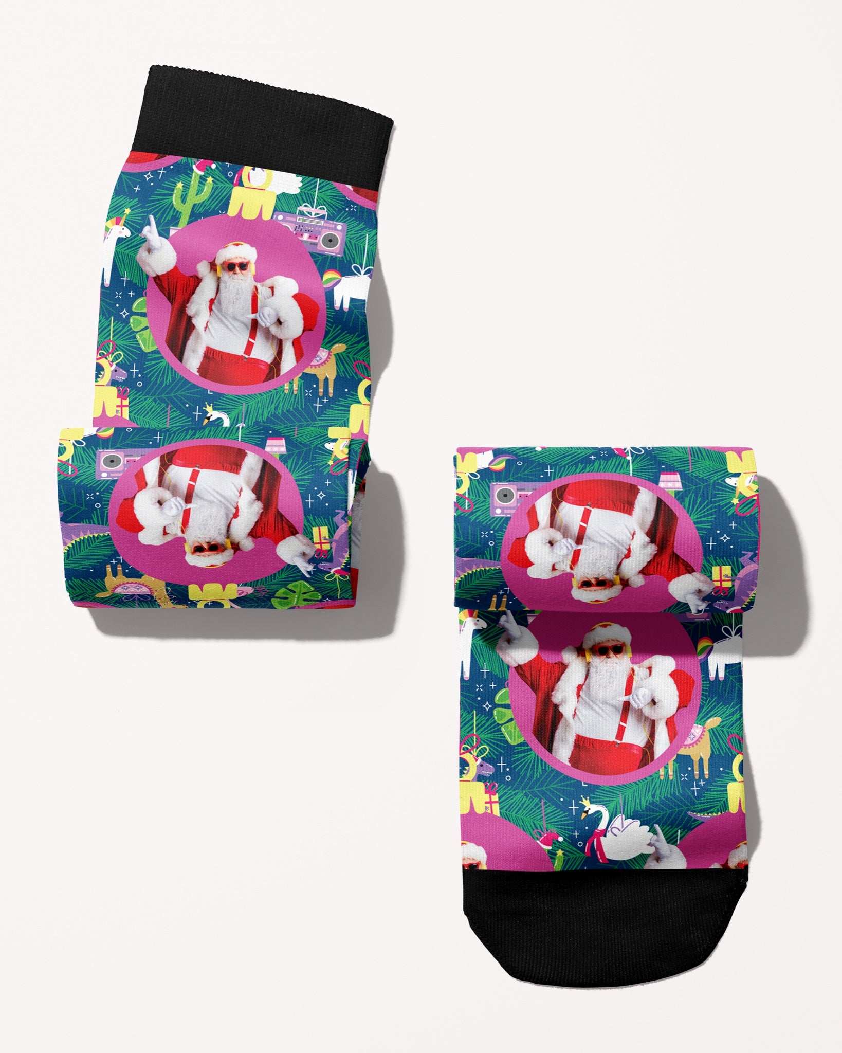 Bauble Bonanza custom photo equestrian boot socks, rolled, showing the pattern repeat, by Dreamers & Schemers