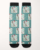 Merry & Bright custom photo equestrian boot socks, flat lay of the pair, by Dreamers & Schemers
