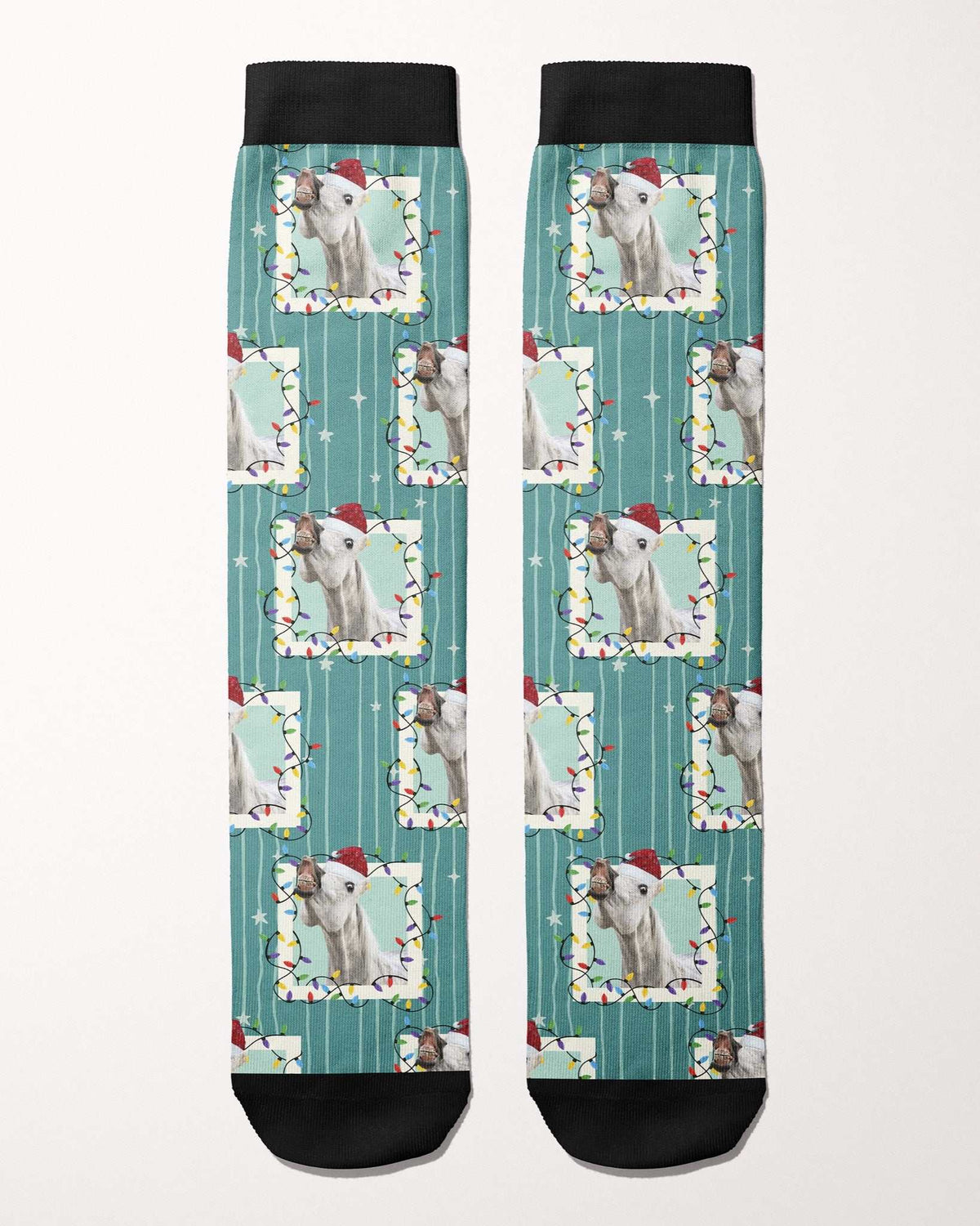 Merry & Bright custom photo equestrian boot socks, flat lay of the pair, by Dreamers & Schemers