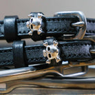 Black leather Skull & Crossbones Spur Straps with stainless steel buckles and custom skull charms