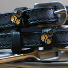 Black leather Squirrel Spur Straps with stainless steel buckle and custom squirrel charm