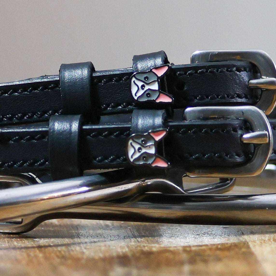 Dog - Frenchie Spur Straps in black leather with custom Frenchie dog charm and stainless steel buckle