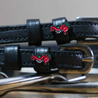 Black leather Seahorse Spur straps with stainless steel buckles and custom seahorse charms