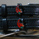 Black leather Spicy Pepper Spur Straps with stainless steel buckle and custom chili pepper charm