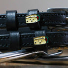 Black leather Burrito Spur Straps with stainless steel buckle and custom burrito charm