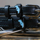 Black stingray spur straps with stainless steel buckles and custom blue stingray charms
