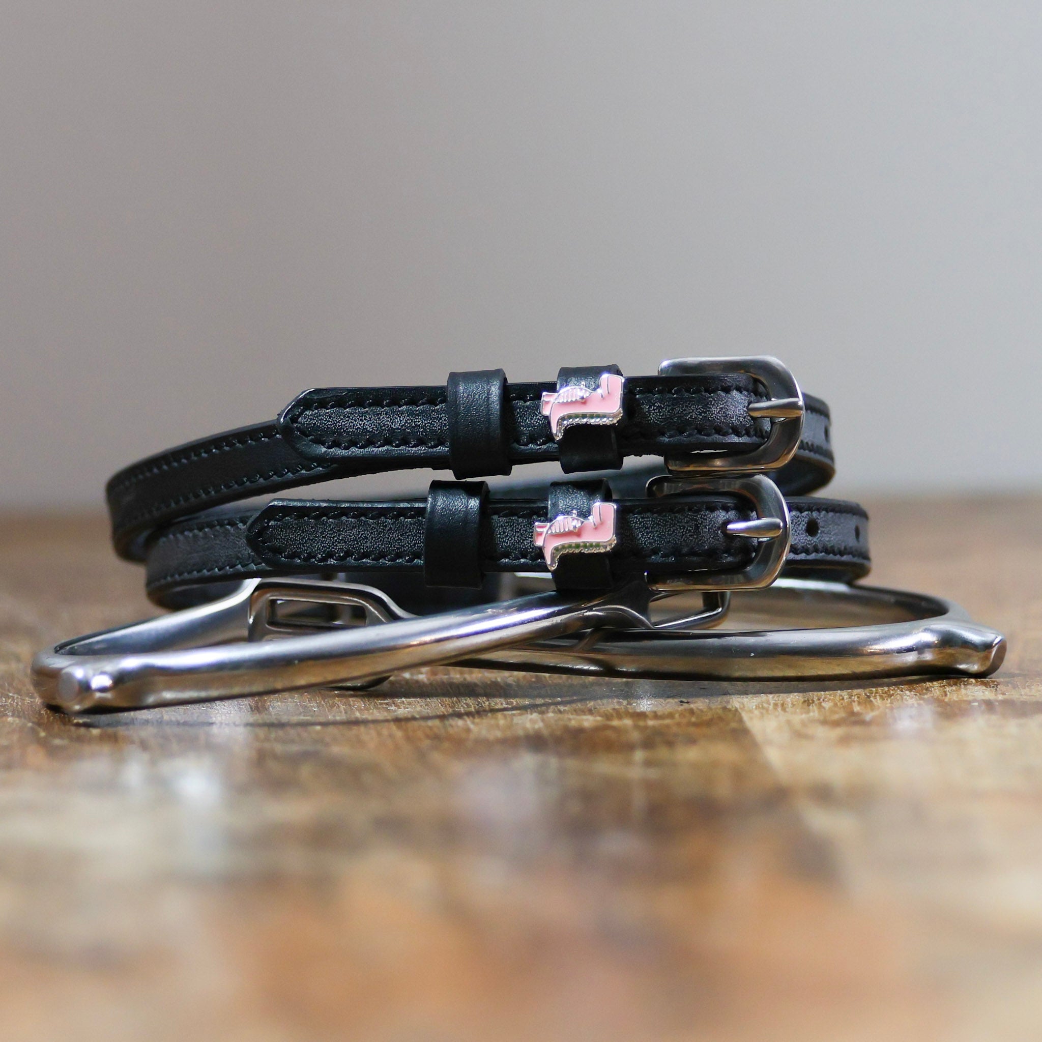 Pink Dinosaur Spur Straps ManeJane black leather spur straps with non-stretch interior and stainless steel buckle for Engli.