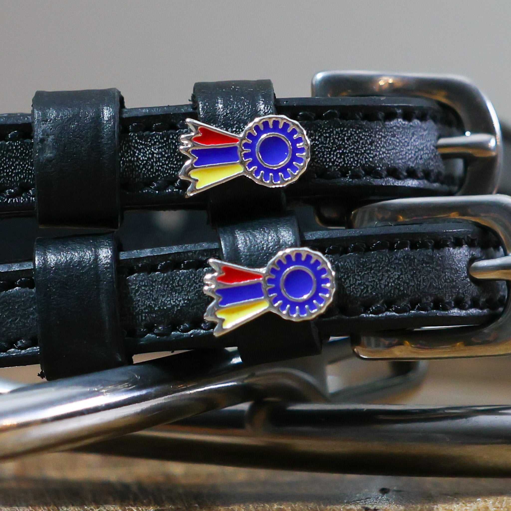Black leather Tri-Color Ribbon Spur Strap with stainless steel buckle and custom colorful charm