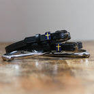 Black leather Swedish Flag Spur Straps with stainless steel buckle and custom charm