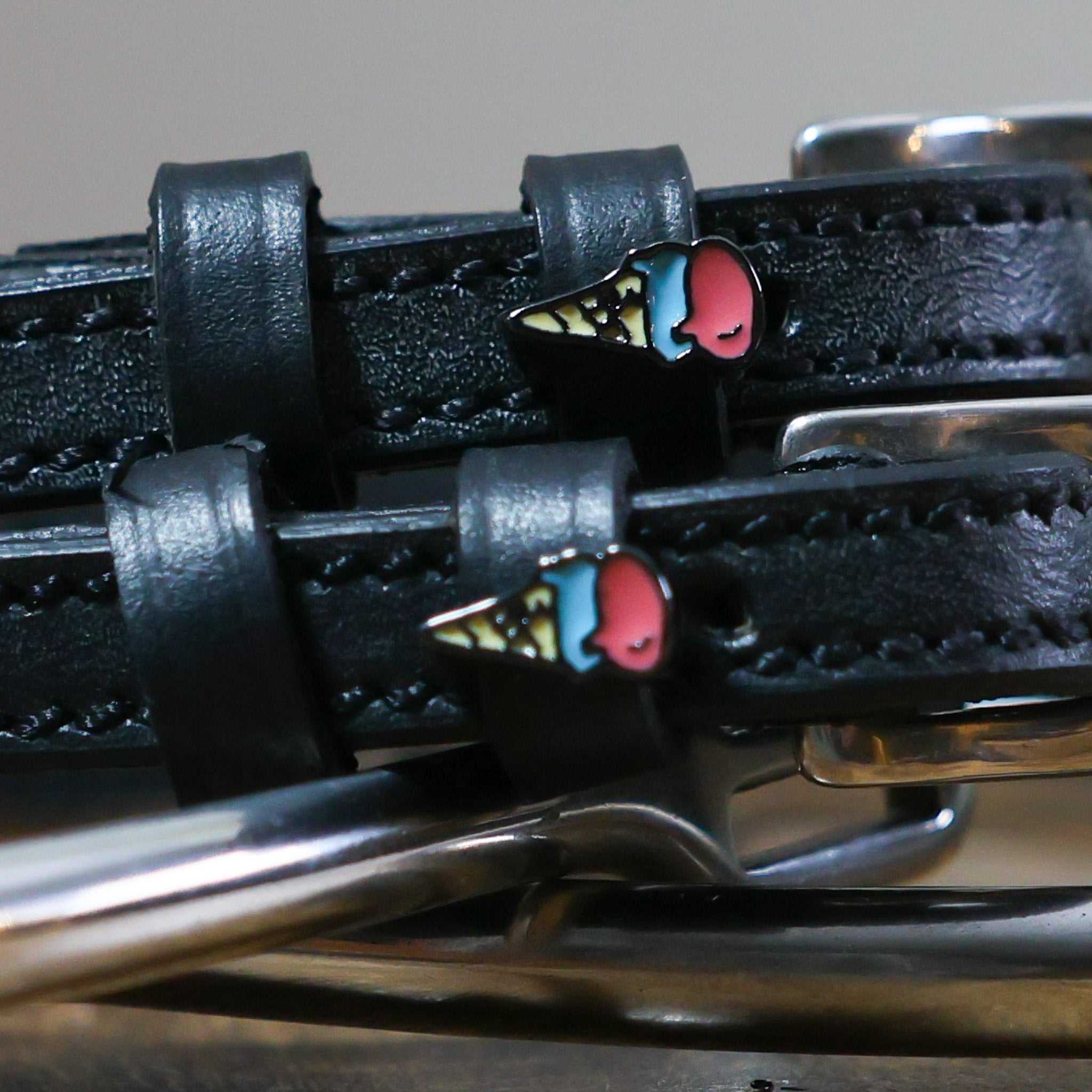 Black leather Ice Cream Cone Spur Straps with stainless steel buckle and custom ice cream cone charm