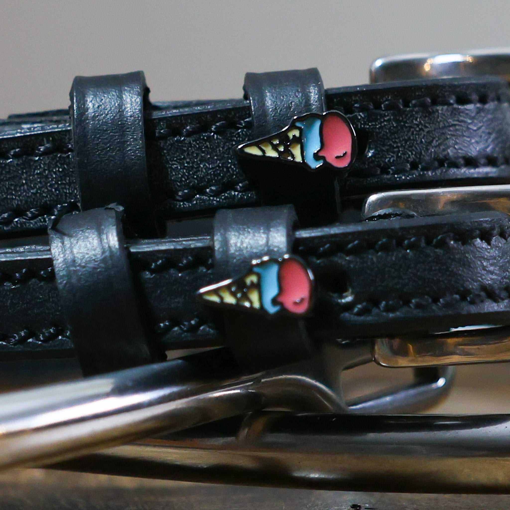 Black leather Ice Cream Cone Spur Straps with stainless steel buckle and custom ice cream cone charm