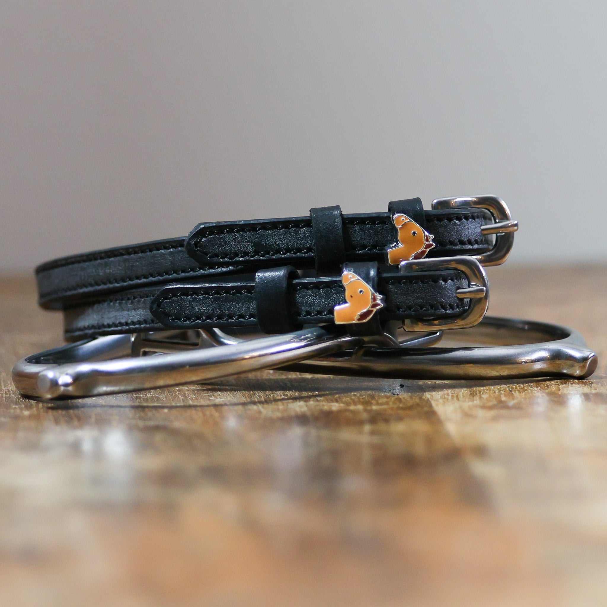 Chestnut Horse Spur Straps black leather with stainless steel buckles and custom charm