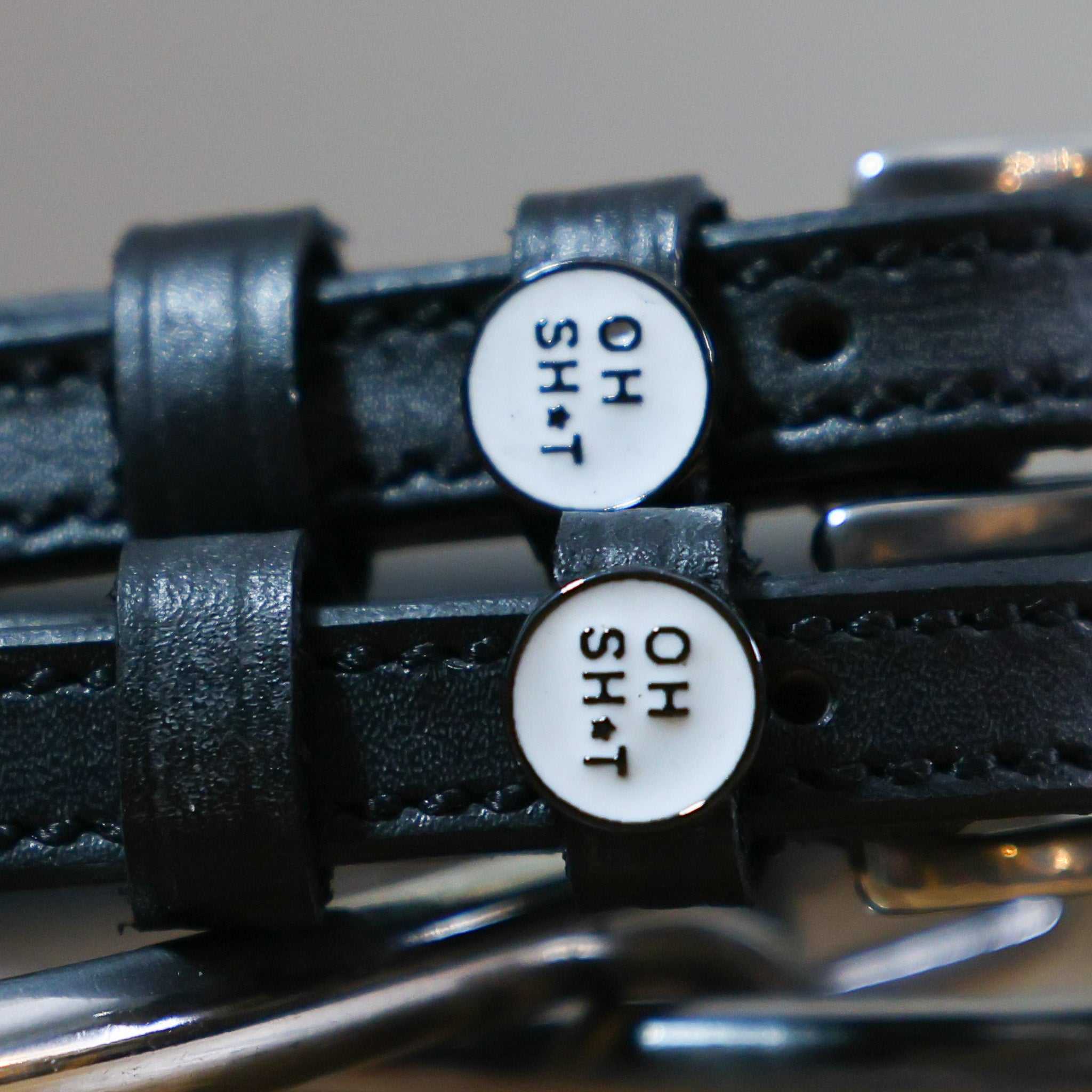 Oh Sh*t Spur Straps black leather with stainless steel buckle and custom charm