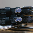 Blue Ribbon Spur Straps black leather with stainless steel buckles and blue ribbon charms