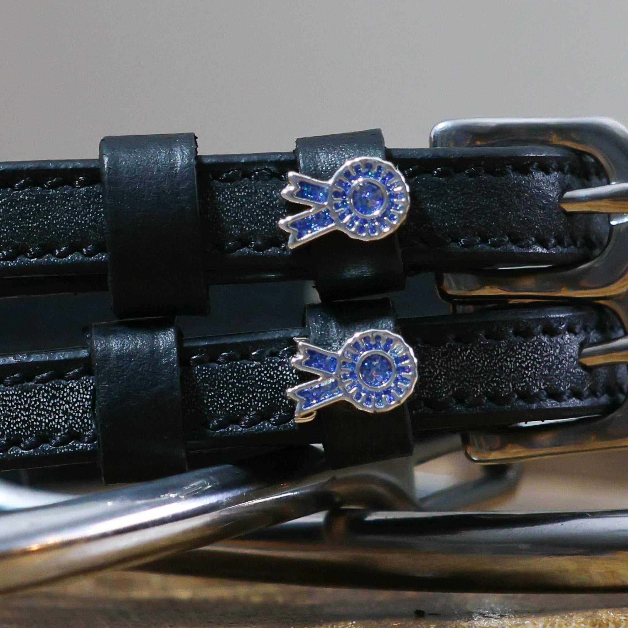 Blue Ribbon Spur Straps black leather with stainless steel buckles and blue ribbon charms