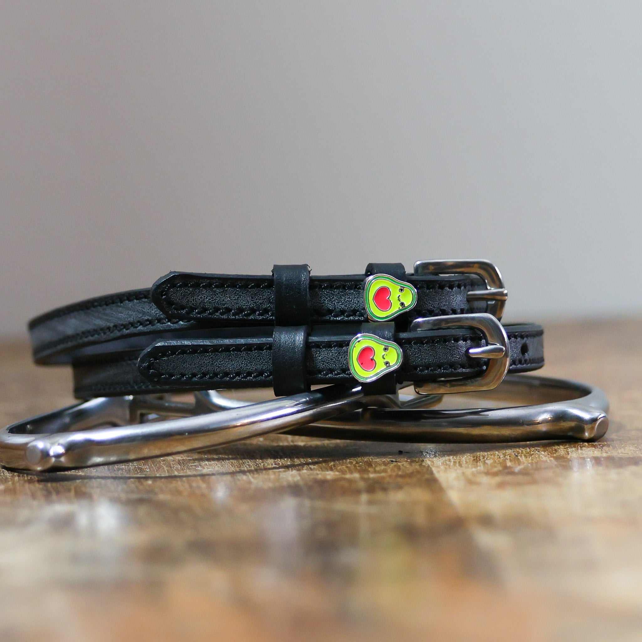ManeJane Happy Avocado Spur Straps Spur Straps — black leather, non-stretch, hero image for English riders.