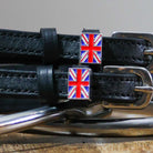 Black leather spur straps with Great Britain Flag charm and stainless steel buckles