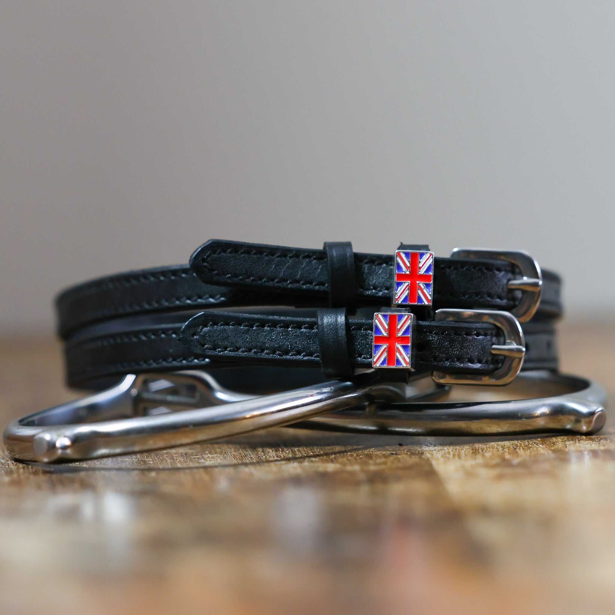 Black leather Great Britain flag spur straps with stainless steel buckle and custom charm