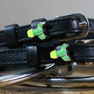 Black leather spur straps with stainless steel buckles and green cactus charms