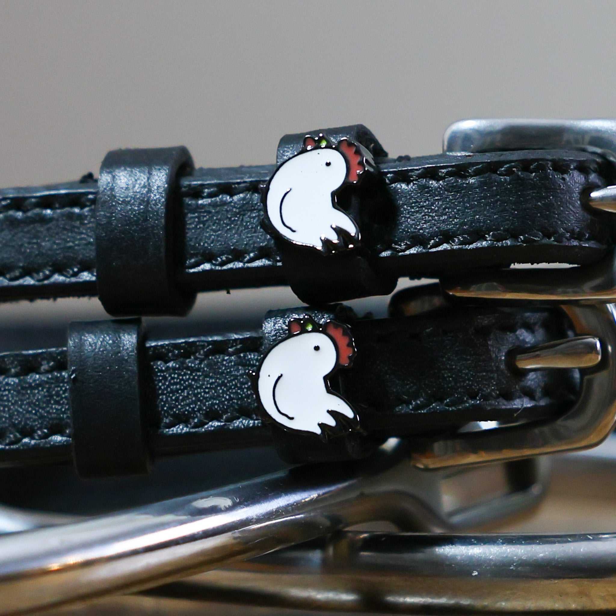 Black leather chicken spur straps with stainless steel buckles and chicken charms